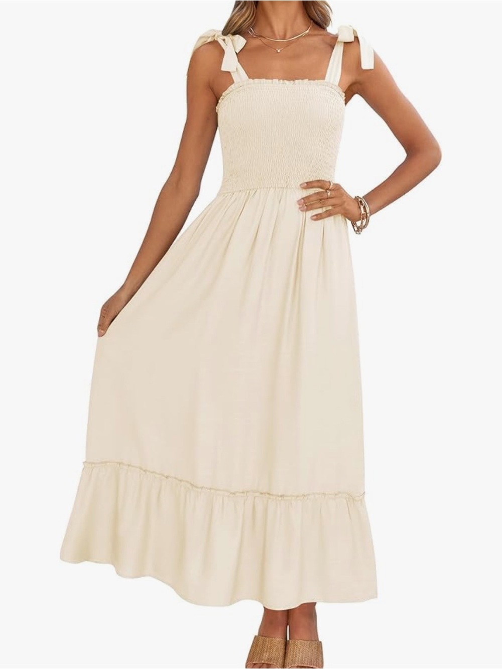 Smocked Tie-Shoulder Maxi Dress in Cream